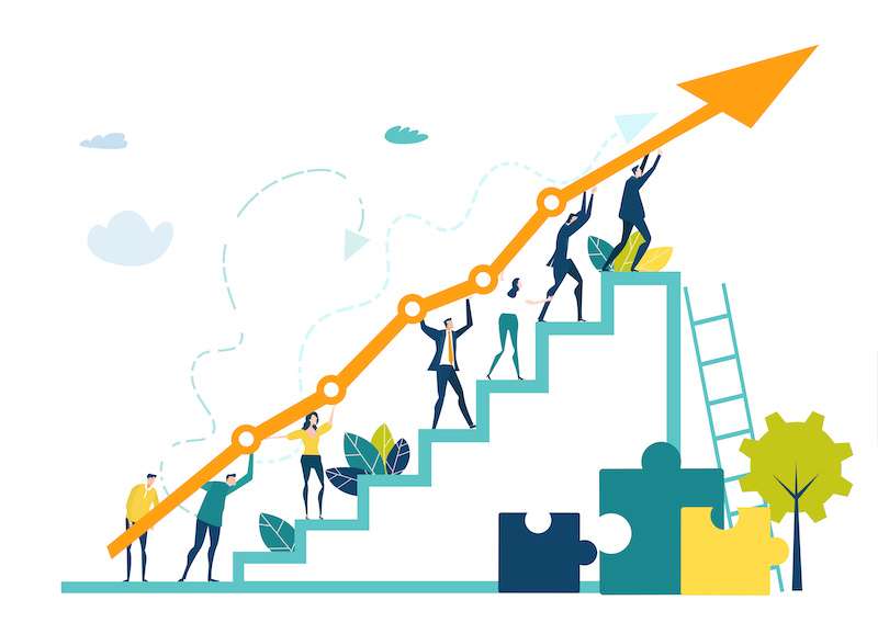 Business people walking up at the stars with arrow, which shows the growth up, success and financial developing. Business concept illustration