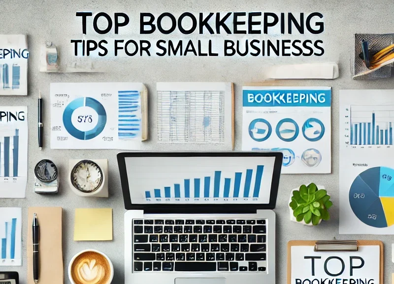 DALL·E 2024-11-03 14.19.59 - A professional image for 'Top Bookkeeping Tips for Small Businesses,' featuring an organized desk with financial records, a laptop, charts, and bookke